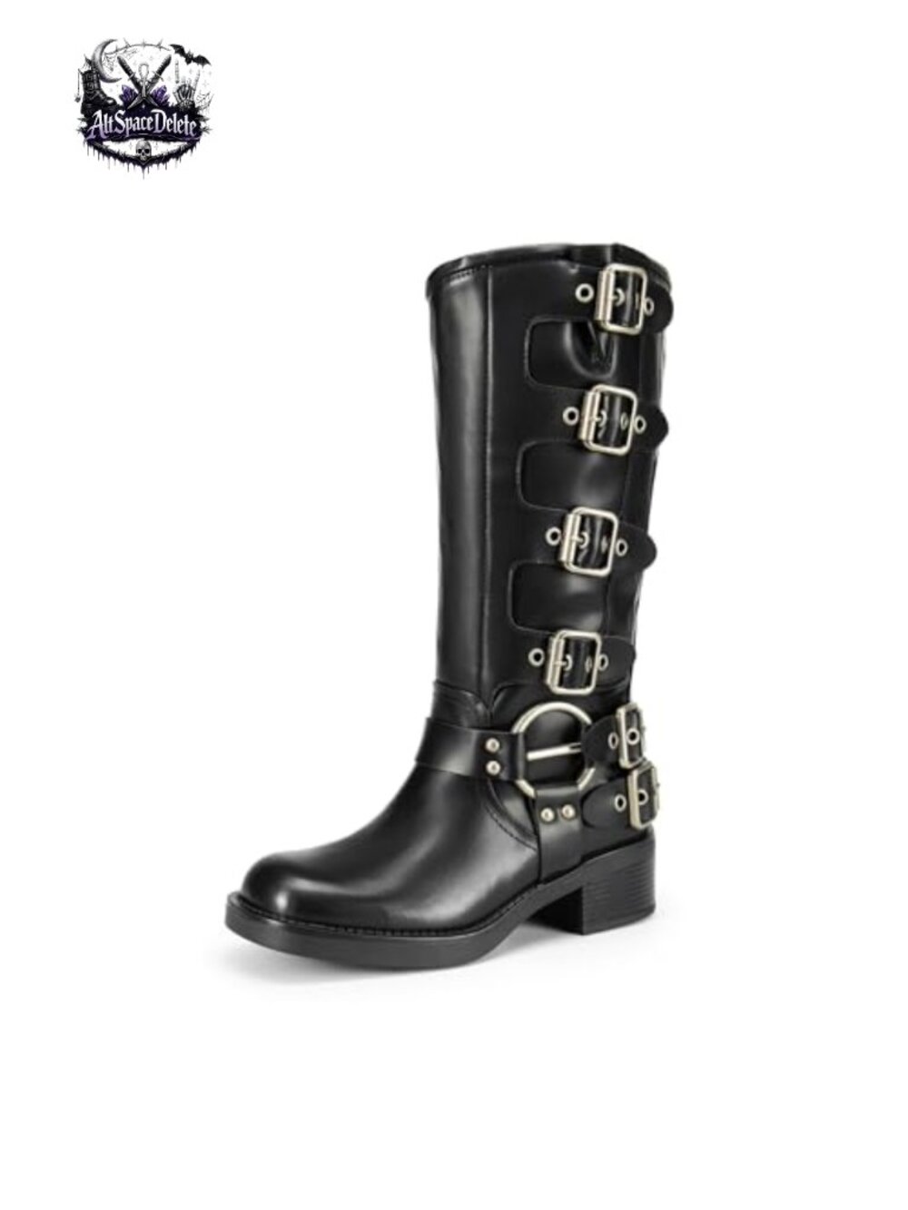 Knee High Square Toe Moto Boots Faux Leather Block Heel